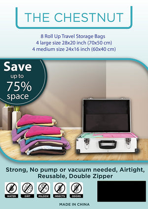 The Chestnut 8 Space Saver Vacuum or Pump Needed-Storage Clothes-Reusable Packing Sacks-Travel Accessories Luggage Compression Bags, Transparent and Green With a White Clip